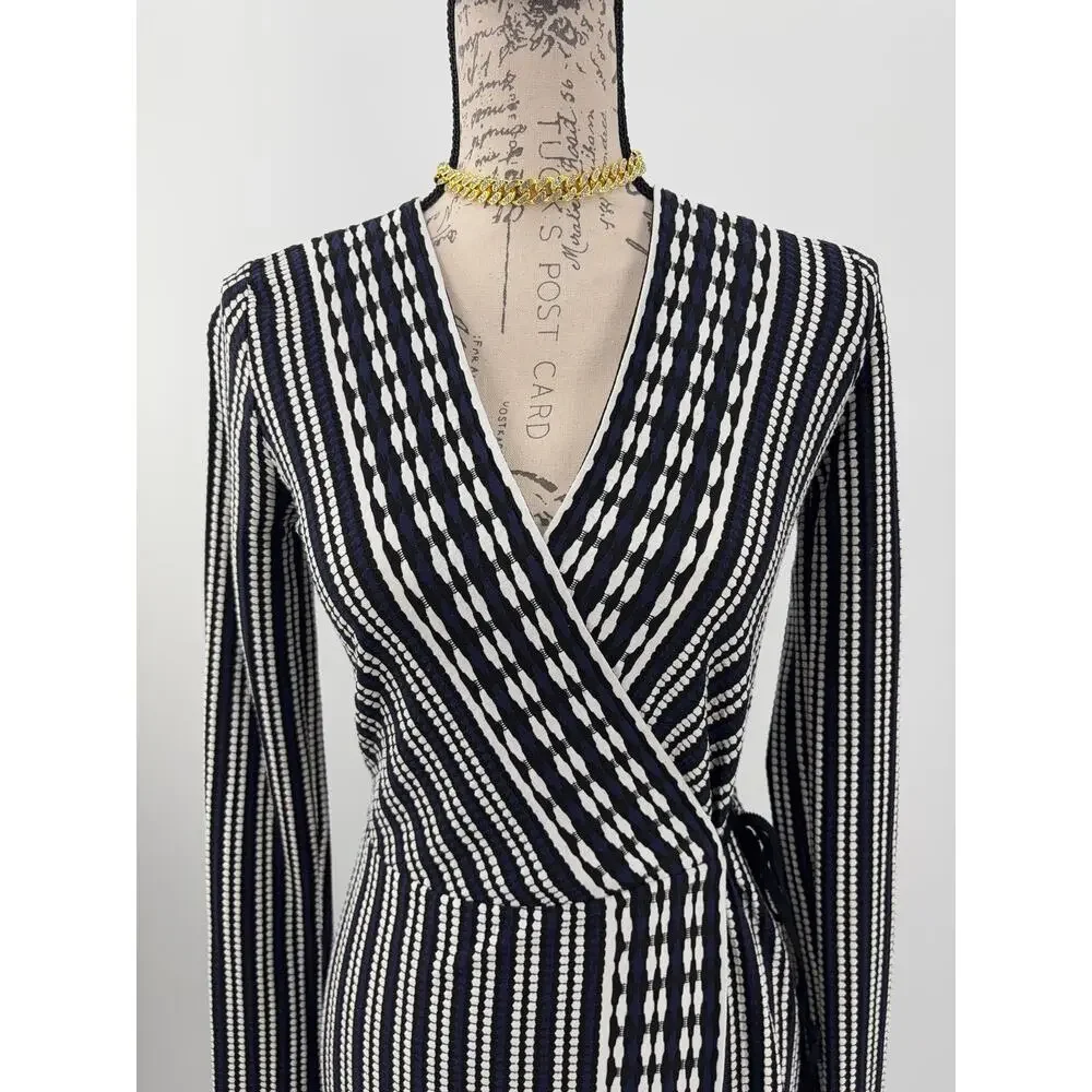 B44 Tory Burch Long Sleeve Jacquard Wrap Dress XS Navy Oxford Stripe Work Career